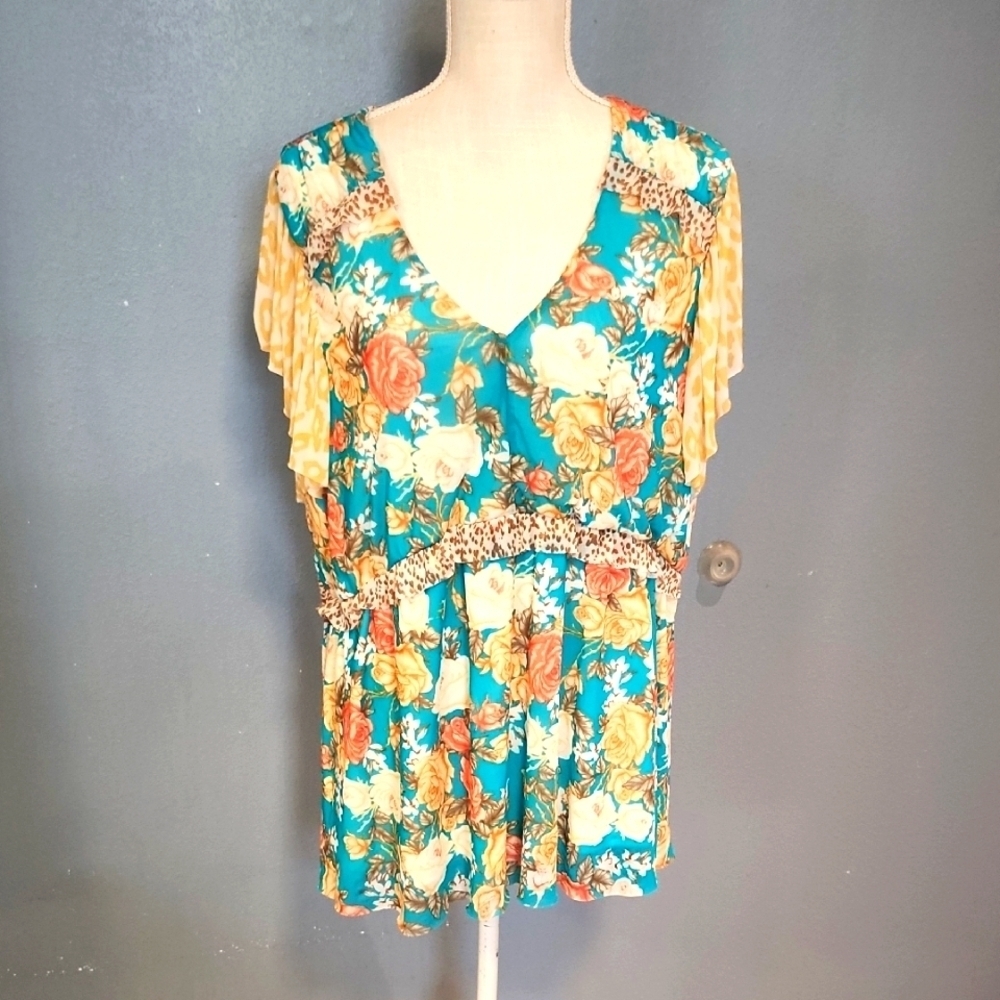 Cato Mesh Ruffled Vneck Mixmedia Floral Leopard Print High Low Hem Blouse Preppy